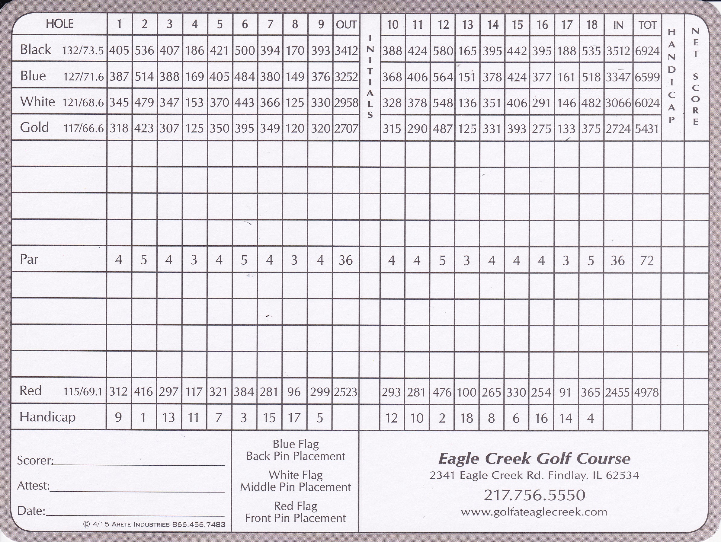 Score Card Eagle Creek Golf Course